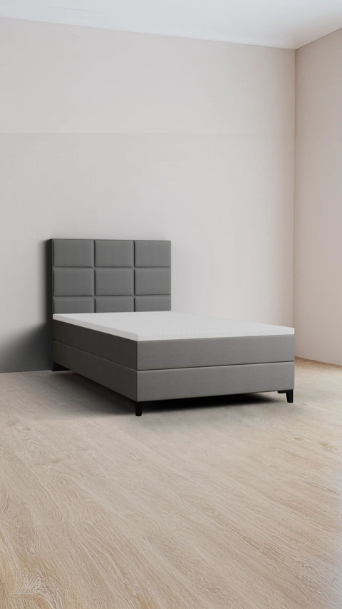Grå enkeltseng med boxmadras 140x200 cm
